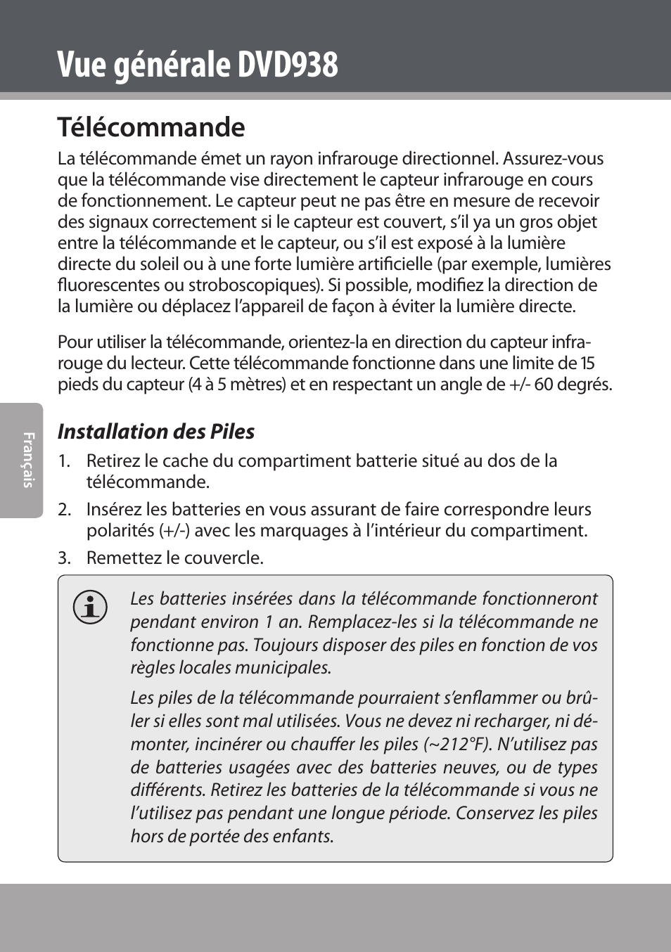 Télécommande, Installation des piles, Vue générale dvd938 | COBY electronic DVD938 User Manual | Page 130 / 180