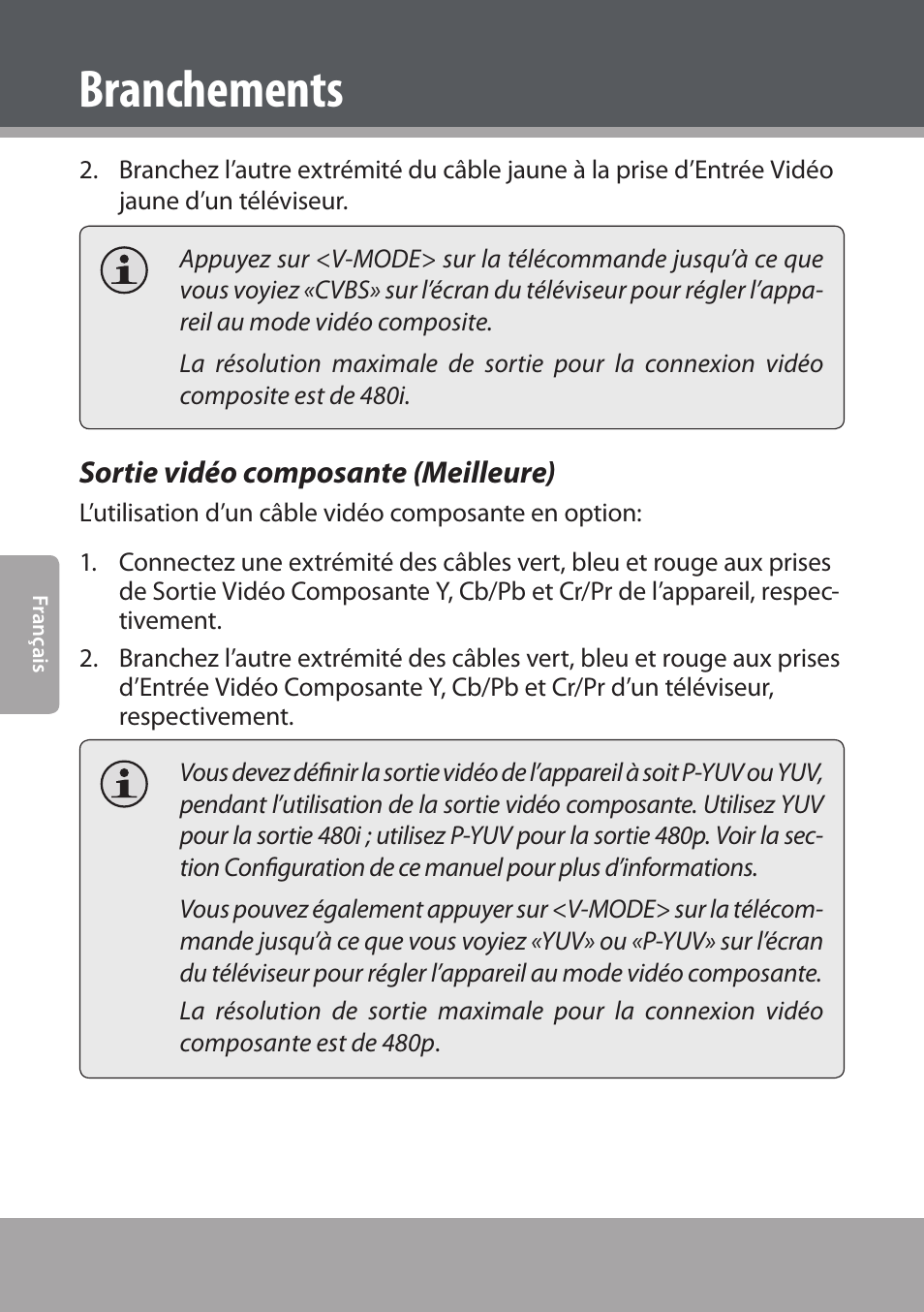 Sortie vidéo composante (meilleure), Branchements | COBY electronic DVD938 User Manual | Page 136 / 180