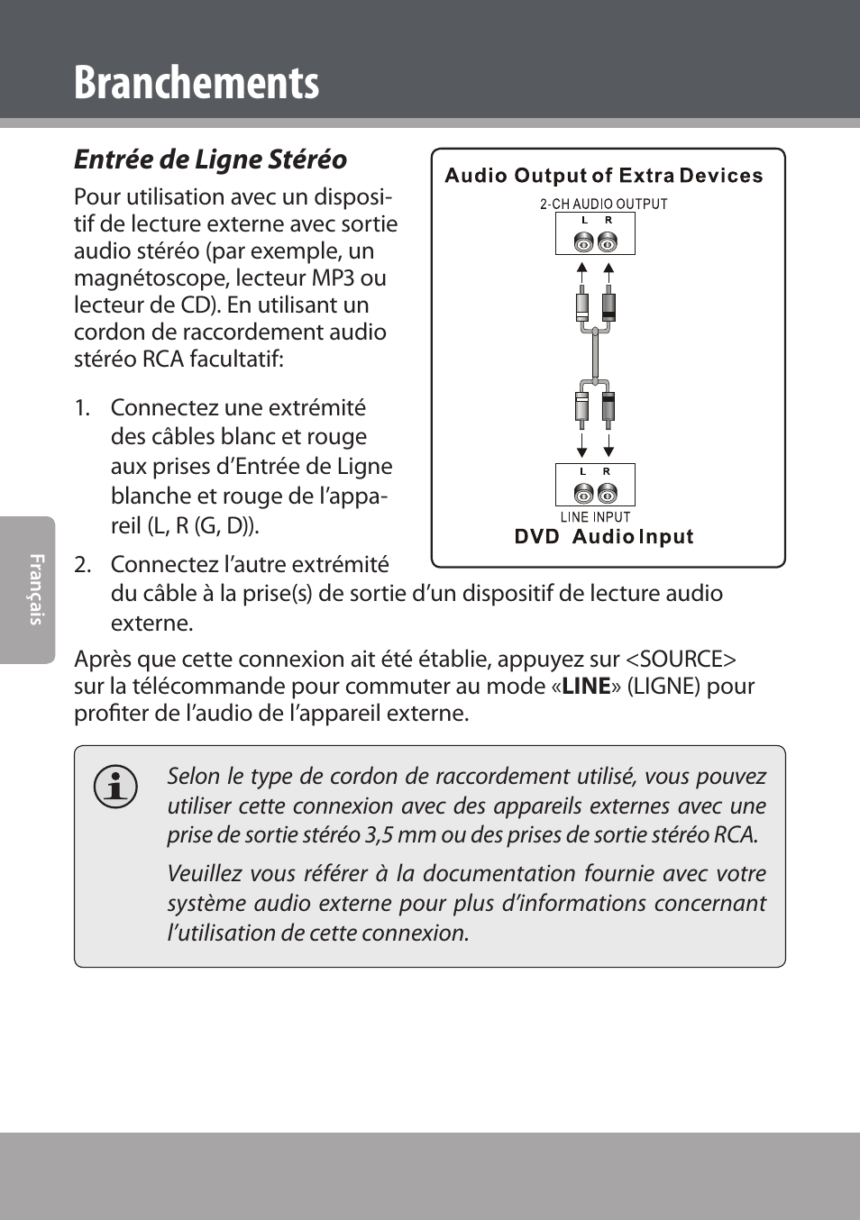 Entrée de ligne stéréo, Branchements | COBY electronic DVD938 User Manual | Page 140 / 180