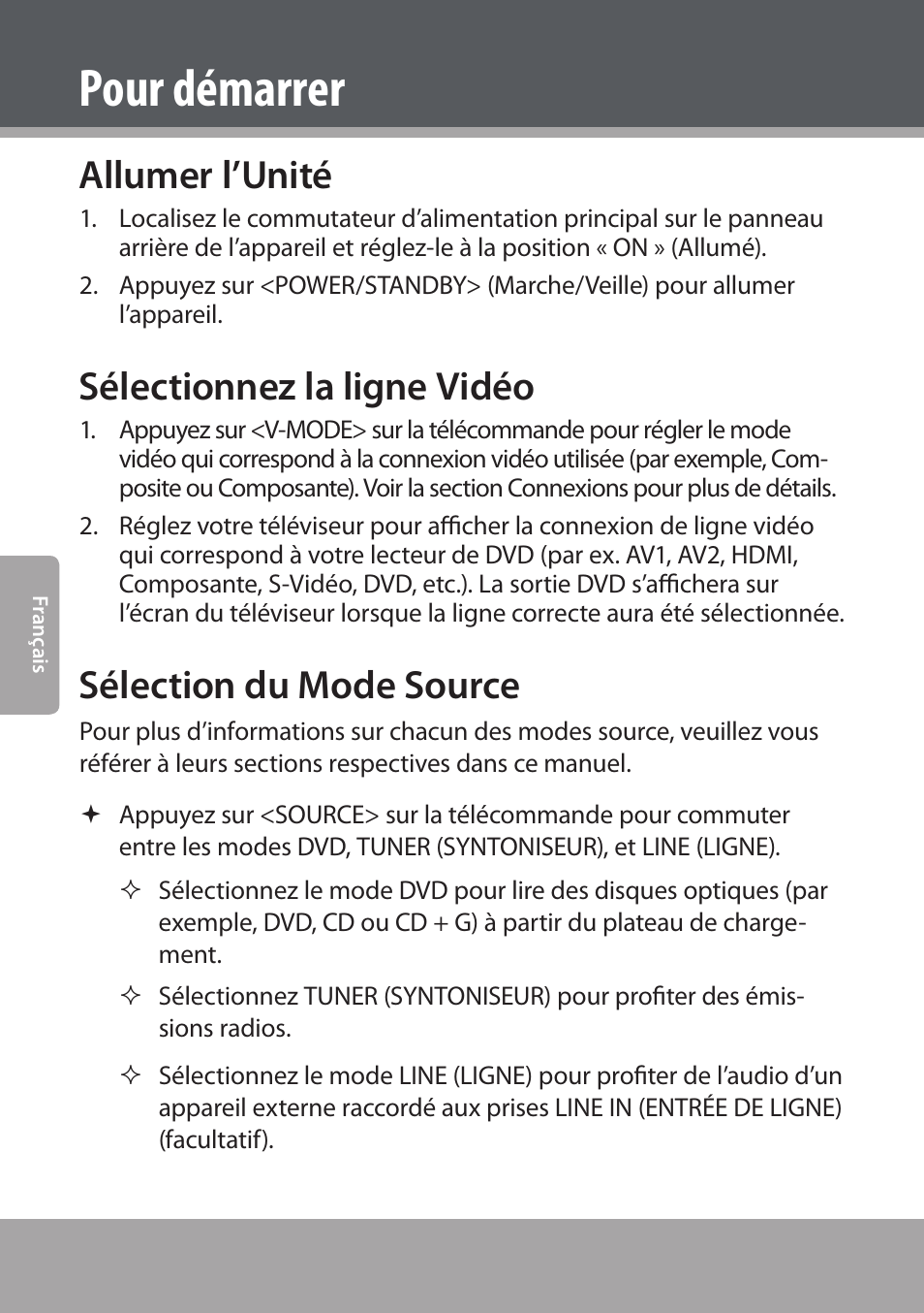 Pour démarrer, Allumer l’unité, Sélectionnez la ligne vidéo | Sélection du mode source | COBY electronic DVD938 User Manual | Page 142 / 180