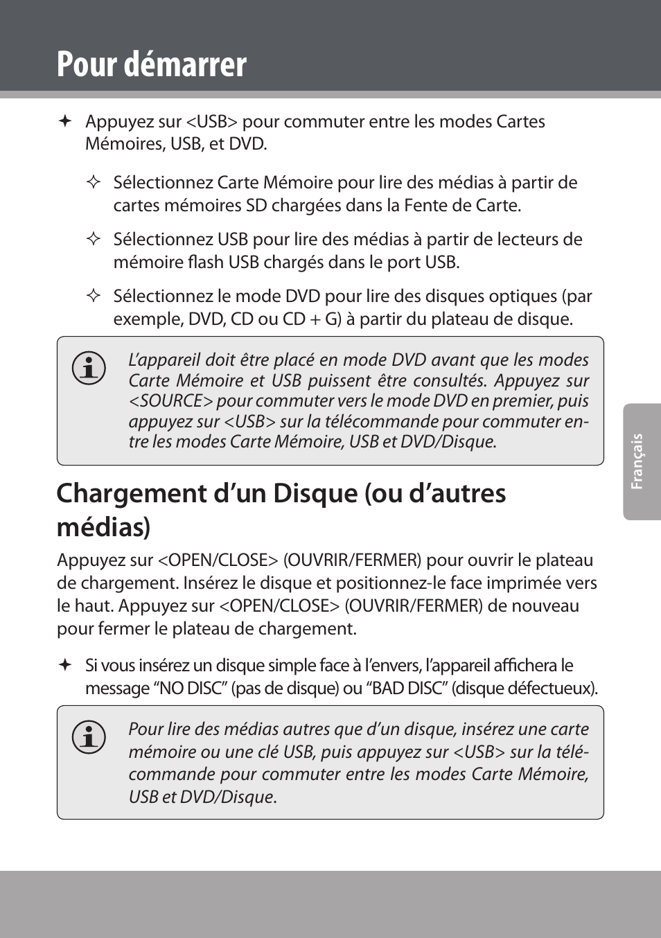 Chargement d’un disque (ou d’autres médias), Pour démarrer | COBY electronic DVD938 User Manual | Page 143 / 180
