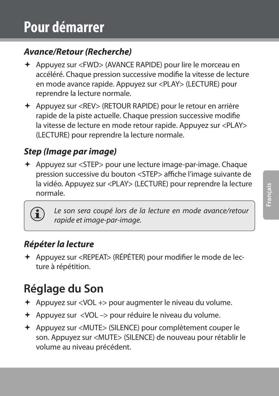 Avance/retour (recherche), Step (image par image), Répéter la lecture | Réglage du son, Pour démarrer | COBY electronic DVD938 User Manual | Page 145 / 180