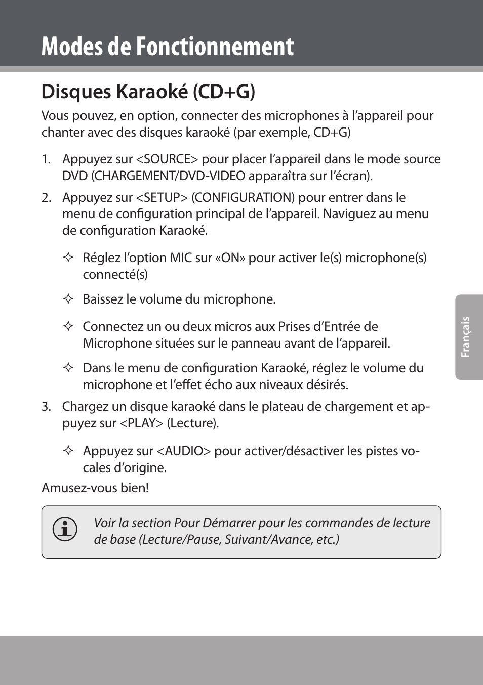 Disques karaoké (cd+g), Modes de fonctionnement | COBY electronic DVD938 User Manual | Page 149 / 180