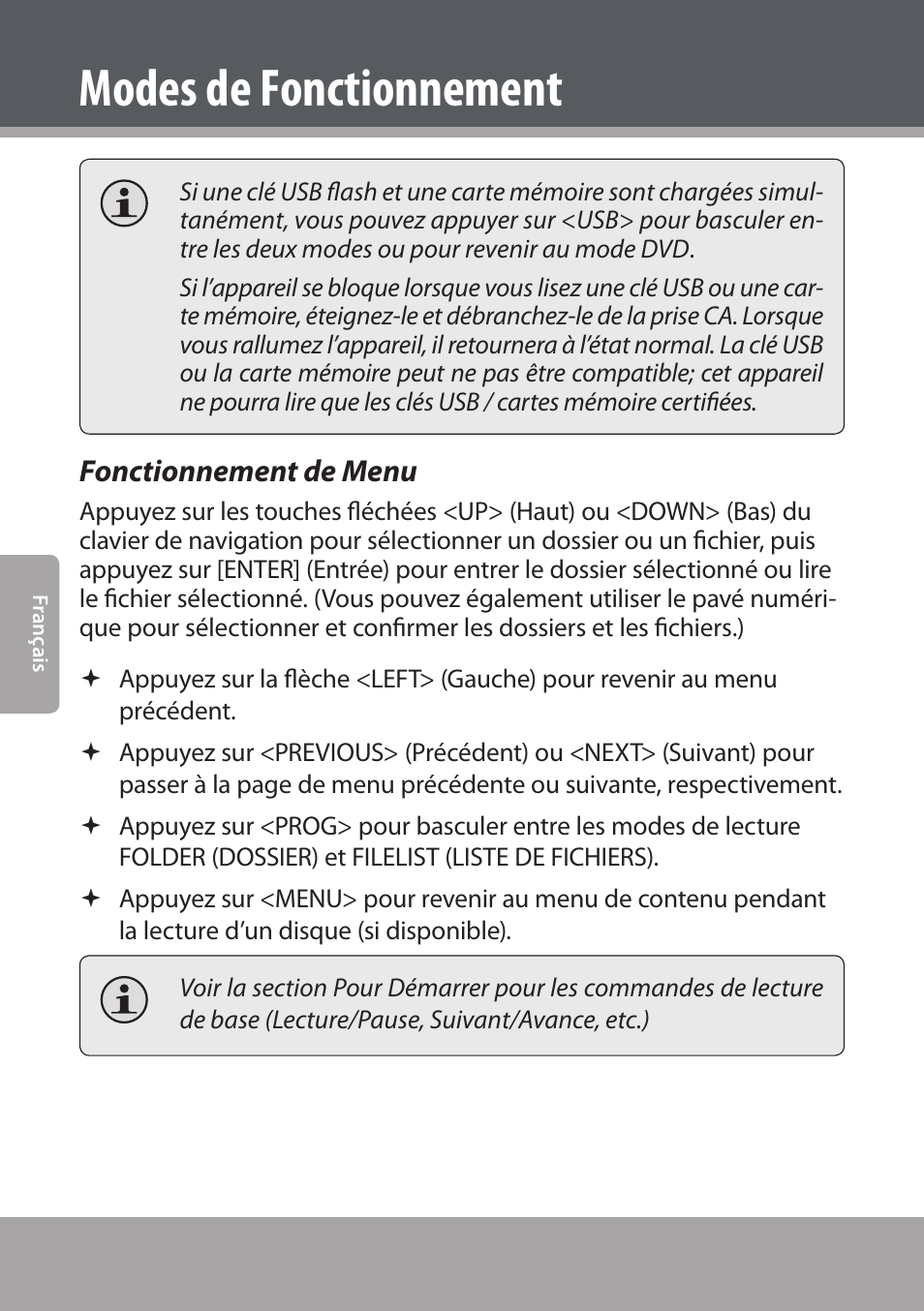 Fonctionnement de menu, Modes de fonctionnement | COBY electronic DVD938 User Manual | Page 152 / 180