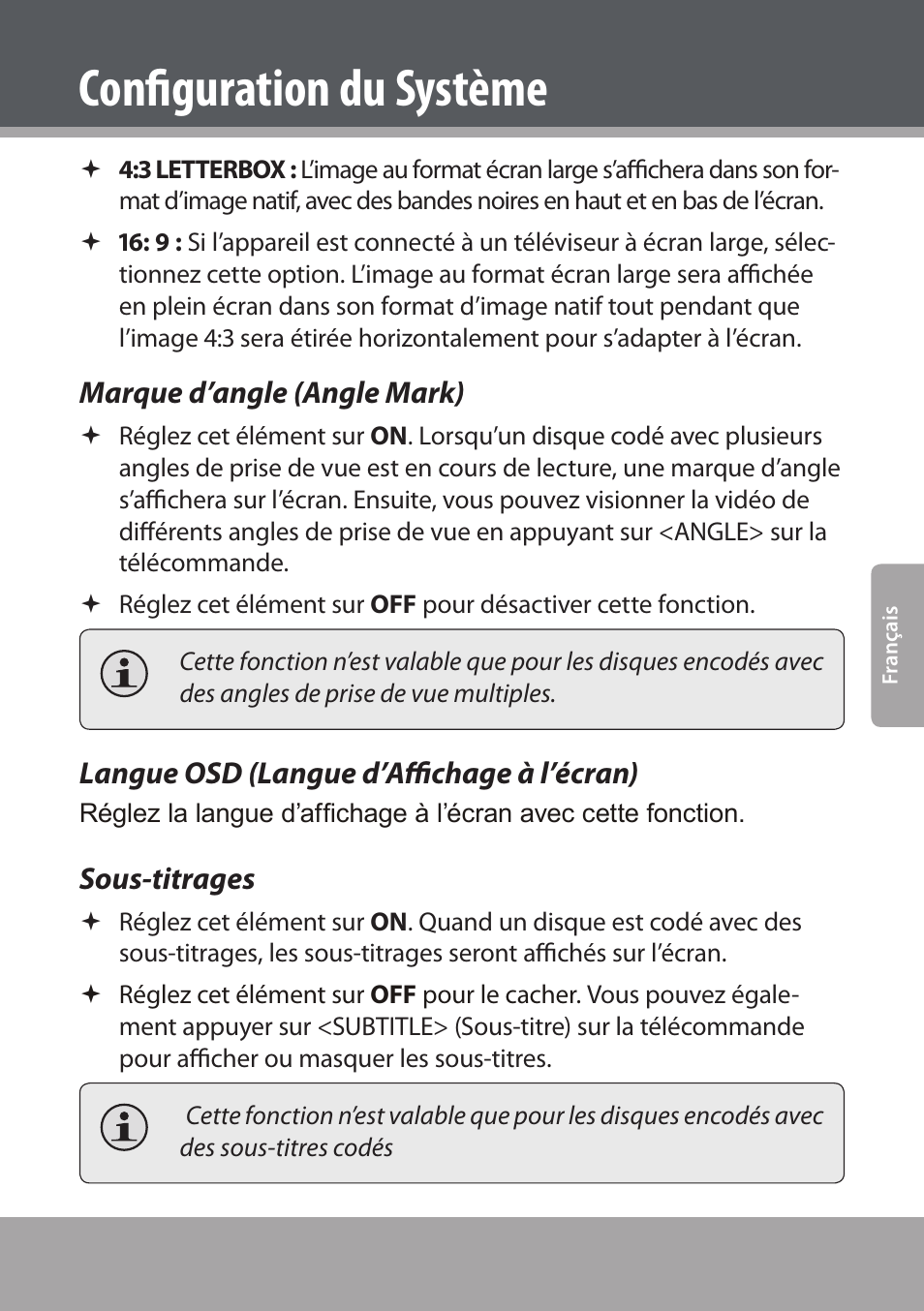 Marque d’angle (angle mark), Langue osd (langue d’affichage à l’écran), Sous-titrages | Configuration du système | COBY electronic DVD938 User Manual | Page 155 / 180