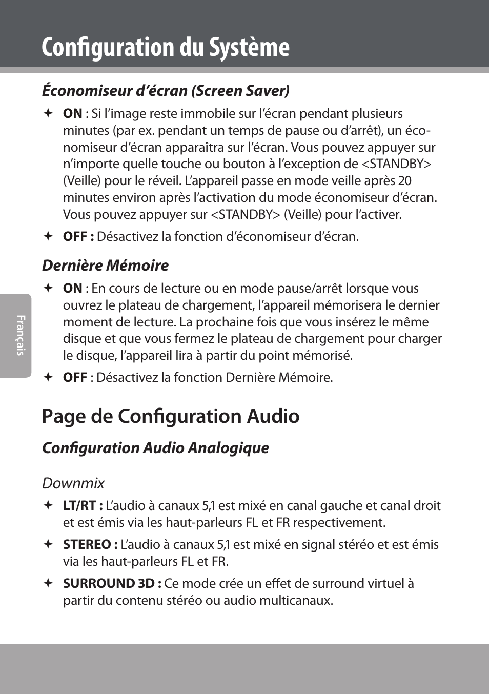 Économiseur d’écran (screen saver), Dernière mémoire, Configuration audio analogique | Configuration du système, Page de configuration audio, Configuration audio analogique downmix | COBY electronic DVD938 User Manual | Page 156 / 180