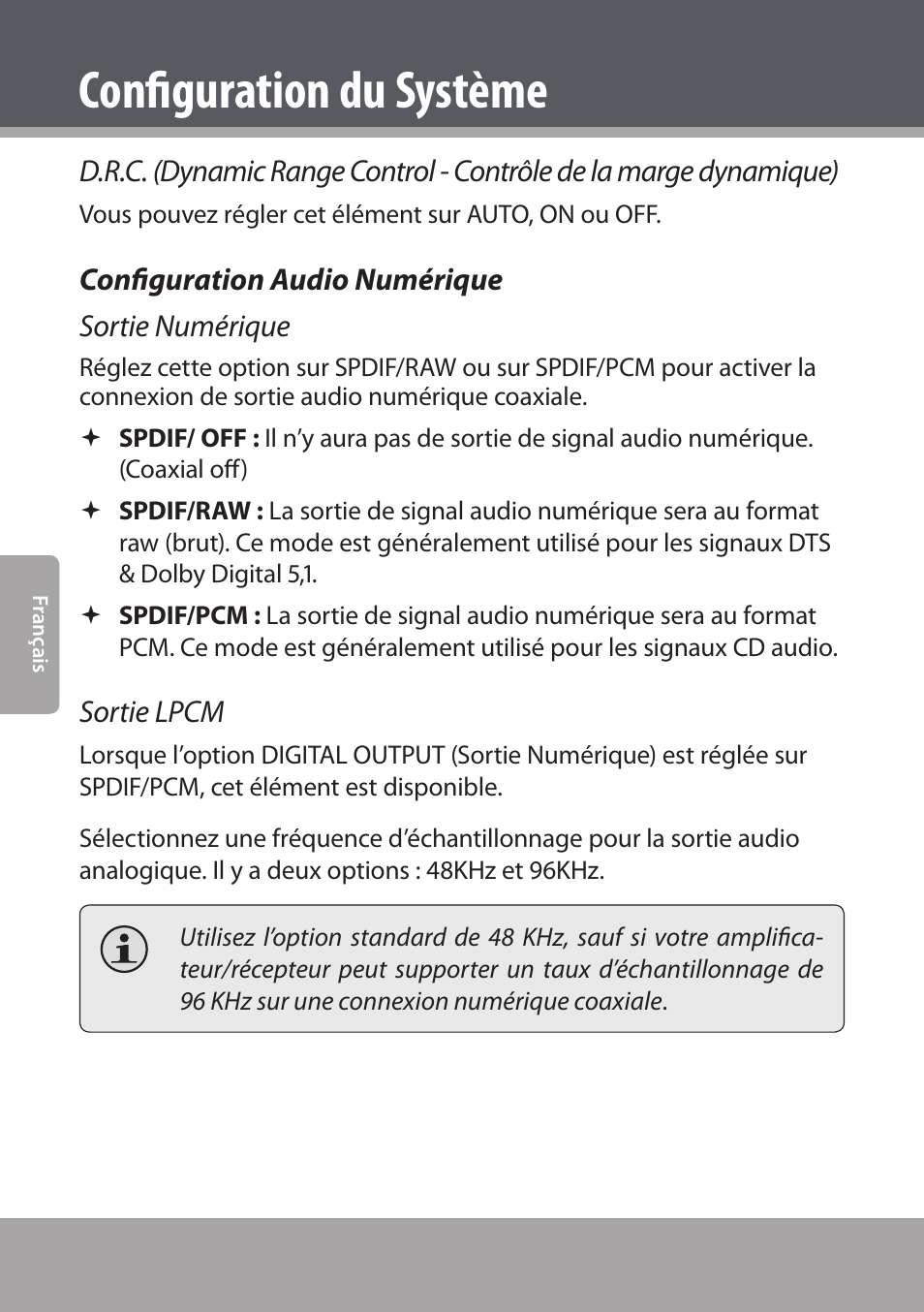 Configuration audio numérique, Configuration du système, Configuration audio numérique sortie numérique | Sortie lpcm | COBY electronic DVD938 User Manual | Page 158 / 180