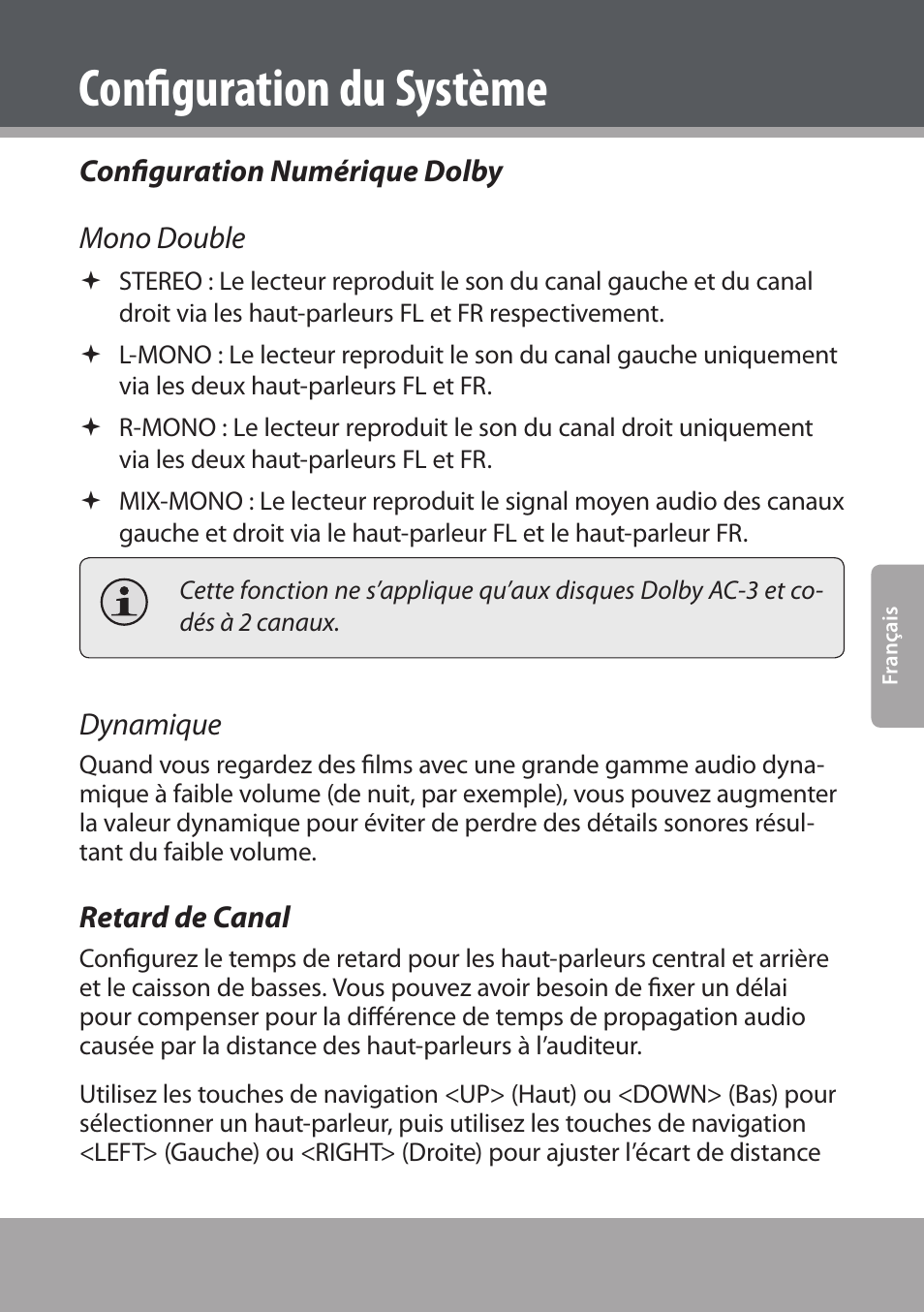 Configuration numérique dolby, Retard de canal, Configuration du système | Configuration numérique dolby mono double, Dynamique | COBY electronic DVD938 User Manual | Page 159 / 180