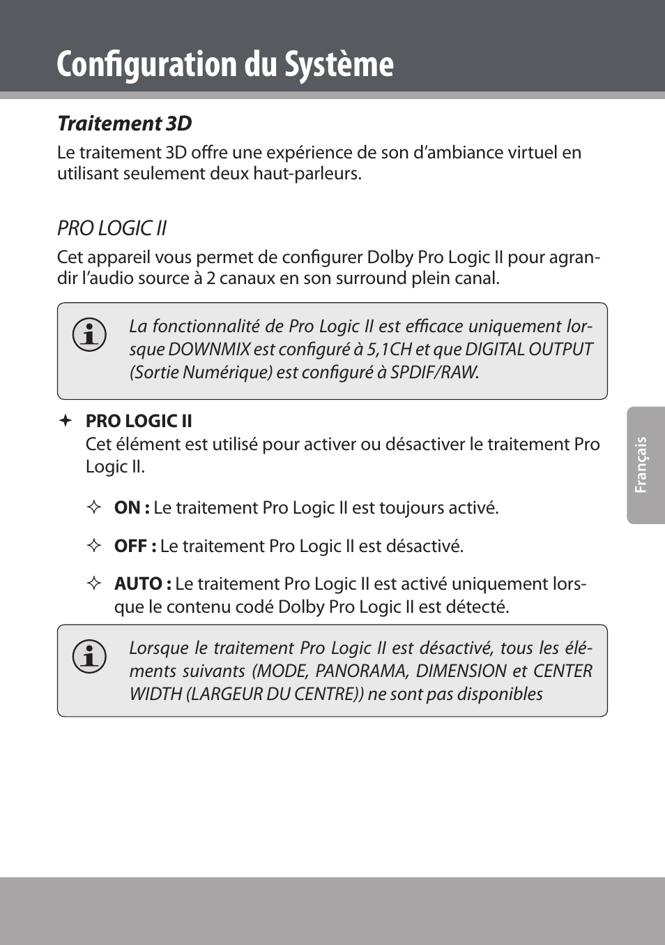 Traitement 3d, Configuration du système, Pro logic ii | COBY electronic DVD938 User Manual | Page 161 / 180