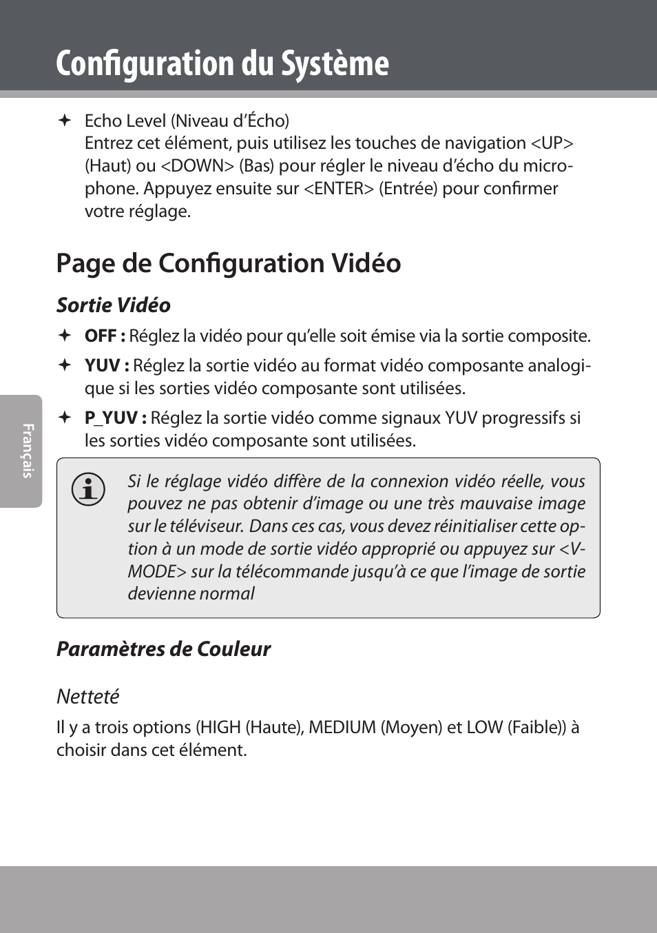 Sortie vidéo, Paramètres de couleur, Configuration du système | Page de configuration vidéo, Paramètres de couleur netteté | COBY electronic DVD938 User Manual | Page 164 / 180