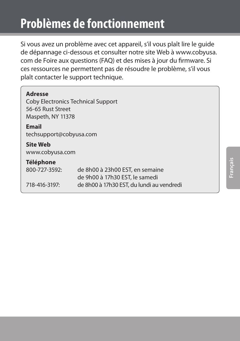 Problèmes de fonctionnement | COBY electronic DVD938 User Manual | Page 169 / 180