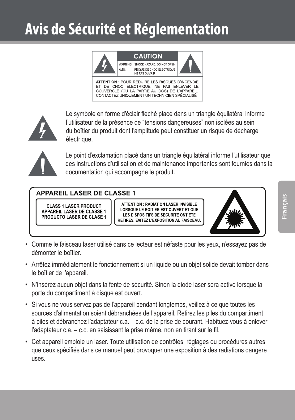 Avis de sécurité et réglementation | COBY electronic DVD938 User Manual | Page 173 / 180