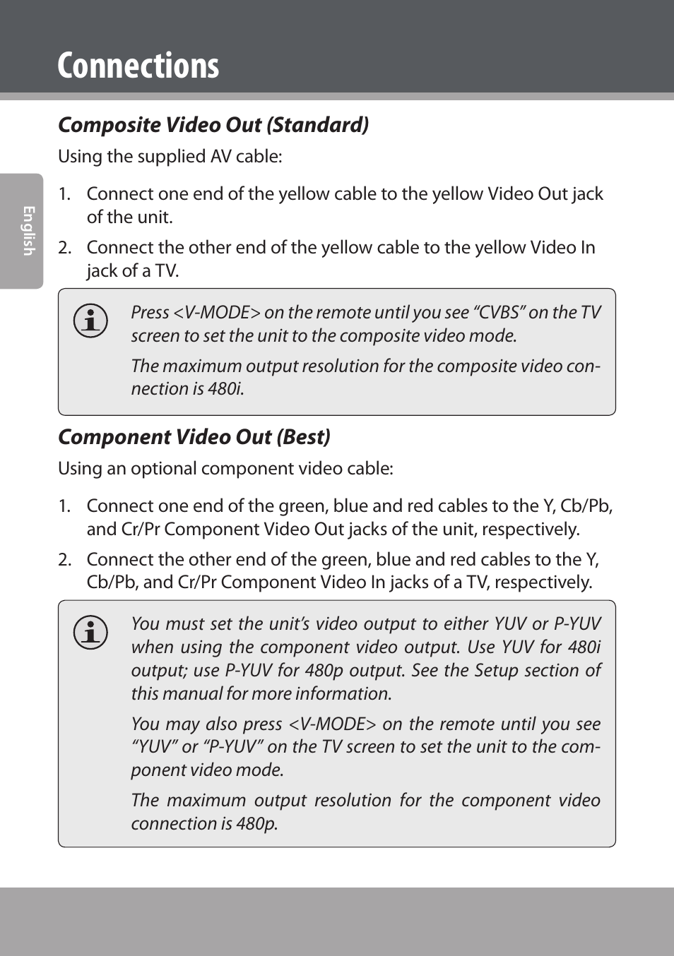 Composite video out (standard), Component video out (best), Connections | COBY electronic DVD938 User Manual | Page 18 / 180