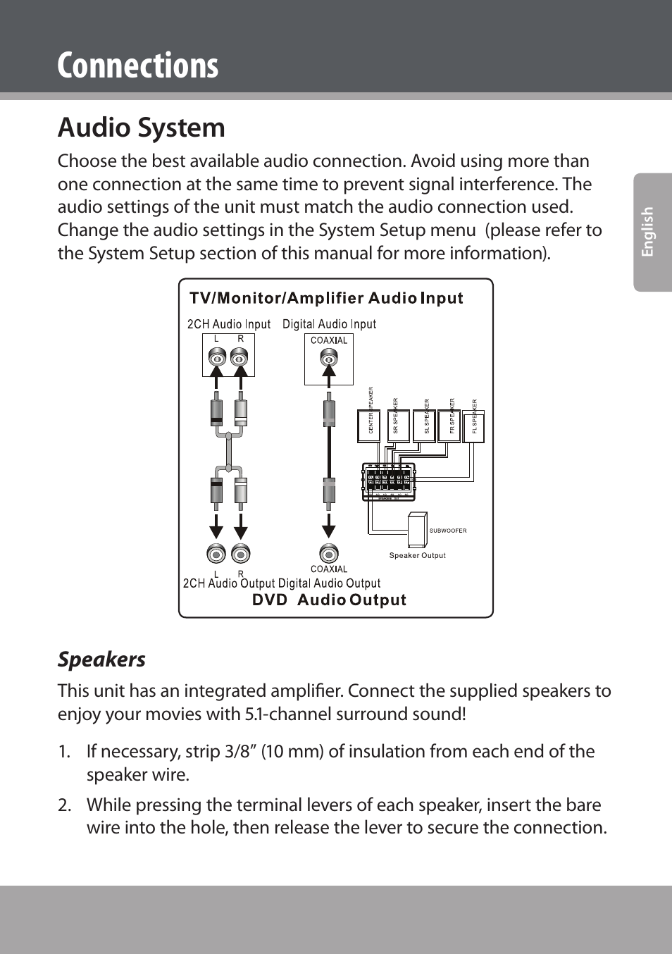 Audio system, Speakers, Connections | COBY electronic DVD938 User Manual | Page 19 / 180