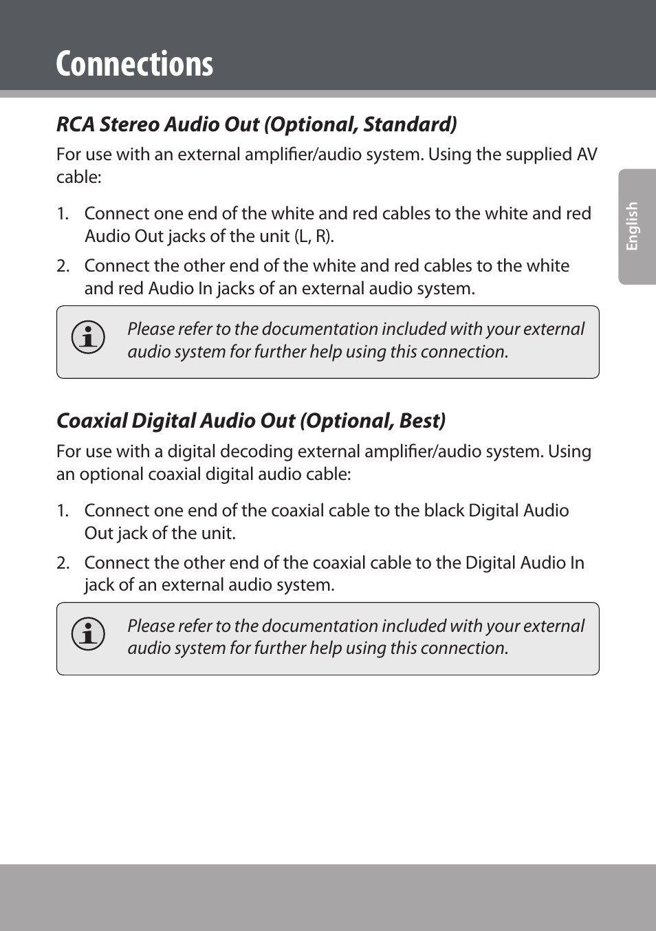 Rca stereo audio out (optional, standard), Coaxial digital audio out (optional, best), Connections | COBY electronic DVD938 User Manual | Page 21 / 180