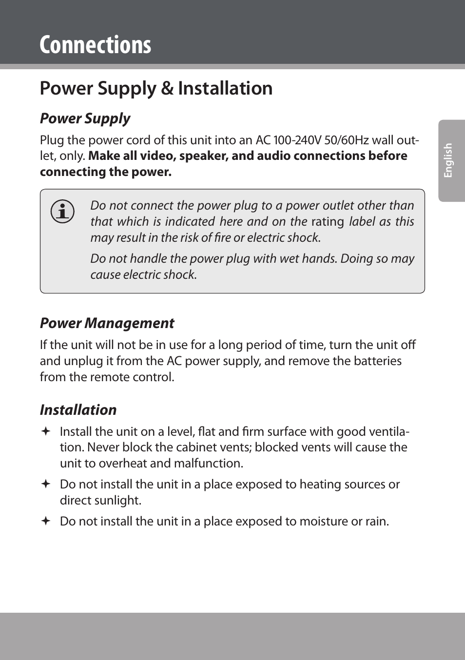 Power supply & installation, Power supply, Power management | Installation, Connections | COBY electronic DVD938 User Manual | Page 23 / 180