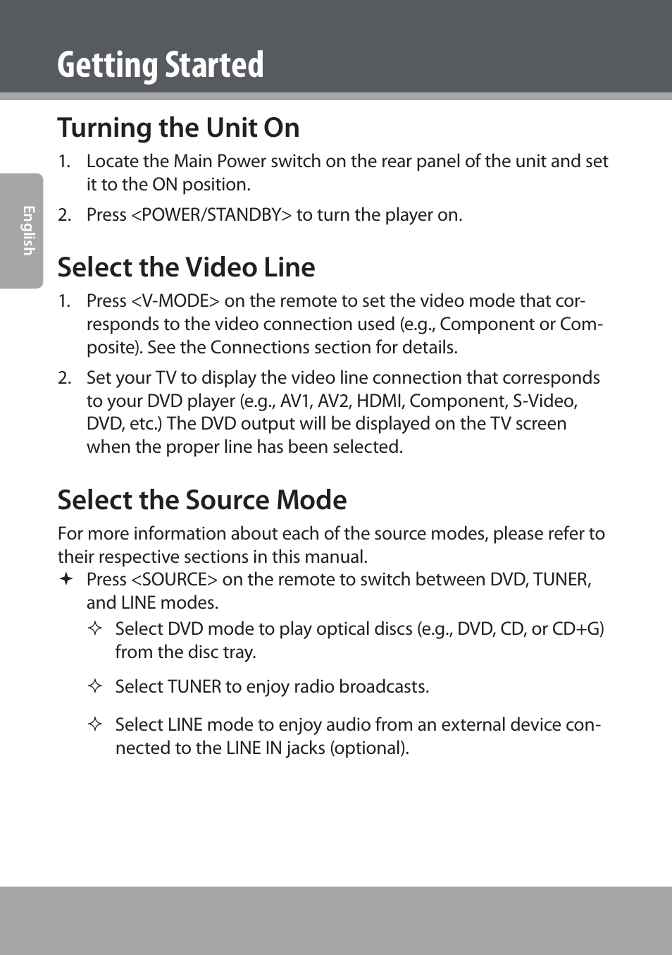 Getting started, Turning the unit on, Select the video line | Select the source mode | COBY electronic DVD938 User Manual | Page 24 / 180
