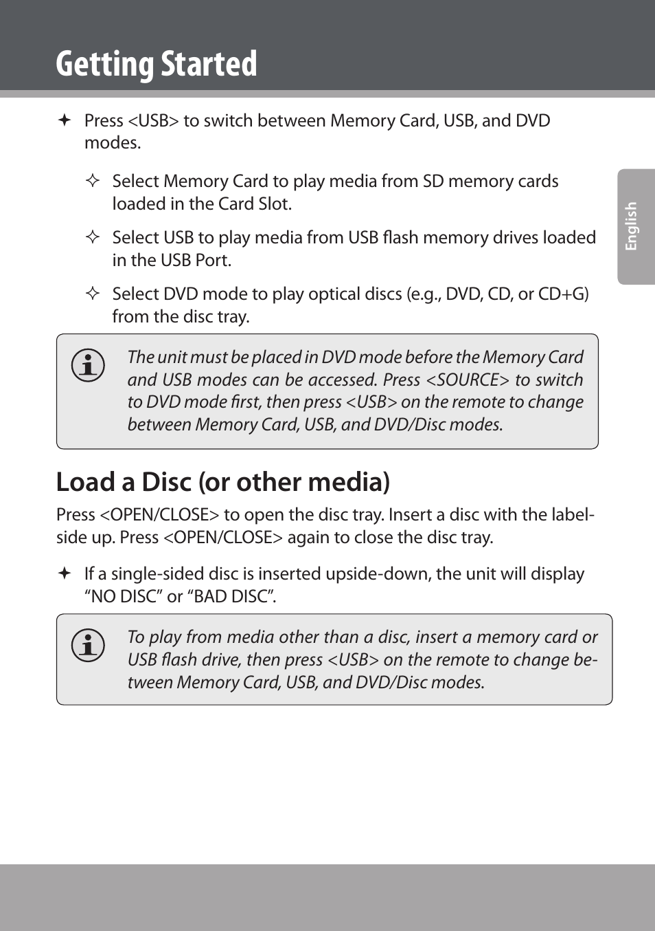 Load a disc (or other media), Getting started | COBY electronic DVD938 User Manual | Page 25 / 180
