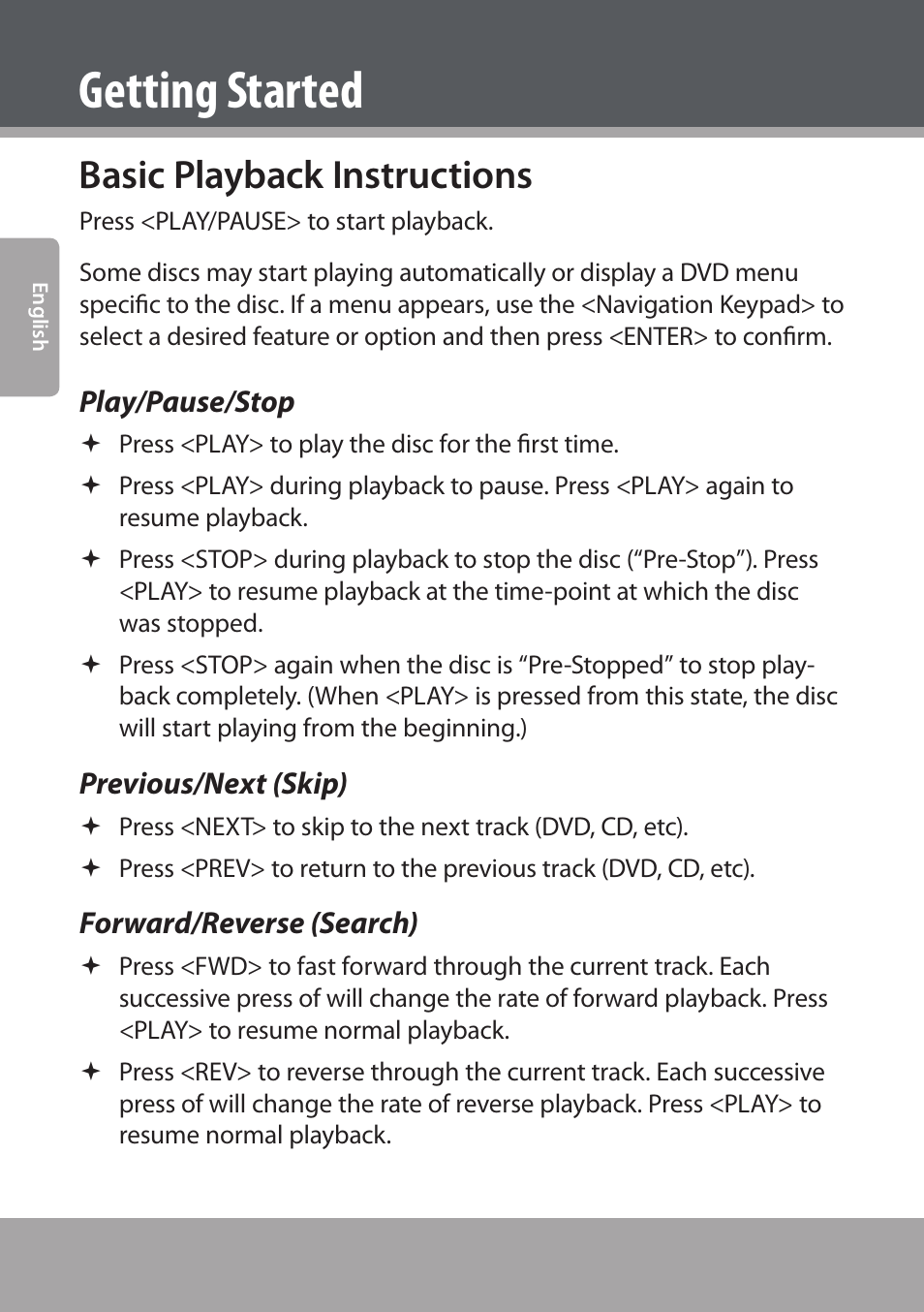 Basic playback instructions, Play/pause/stop, Previous/next (skip) | Forward/reverse (search), Getting started | COBY electronic DVD938 User Manual | Page 26 / 180