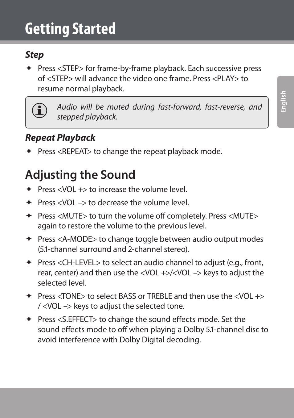 Step, Repeat playback, Adjusting the sound | Getting started | COBY electronic DVD938 User Manual | Page 27 / 180