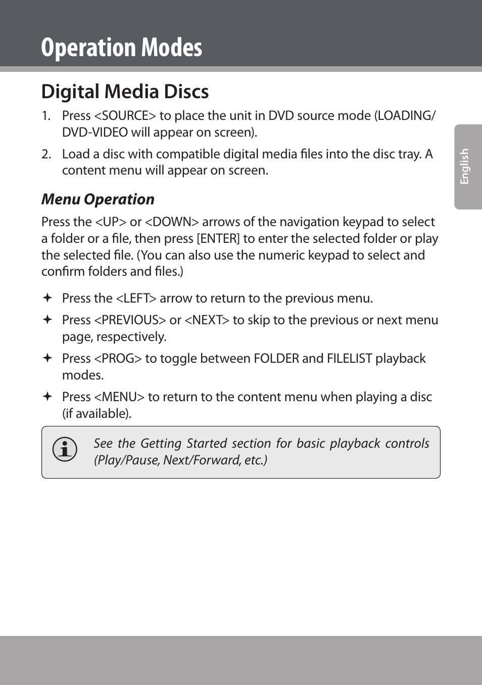 Digital media discs, Menu operation, Operation modes | COBY electronic DVD938 User Manual | Page 29 / 180