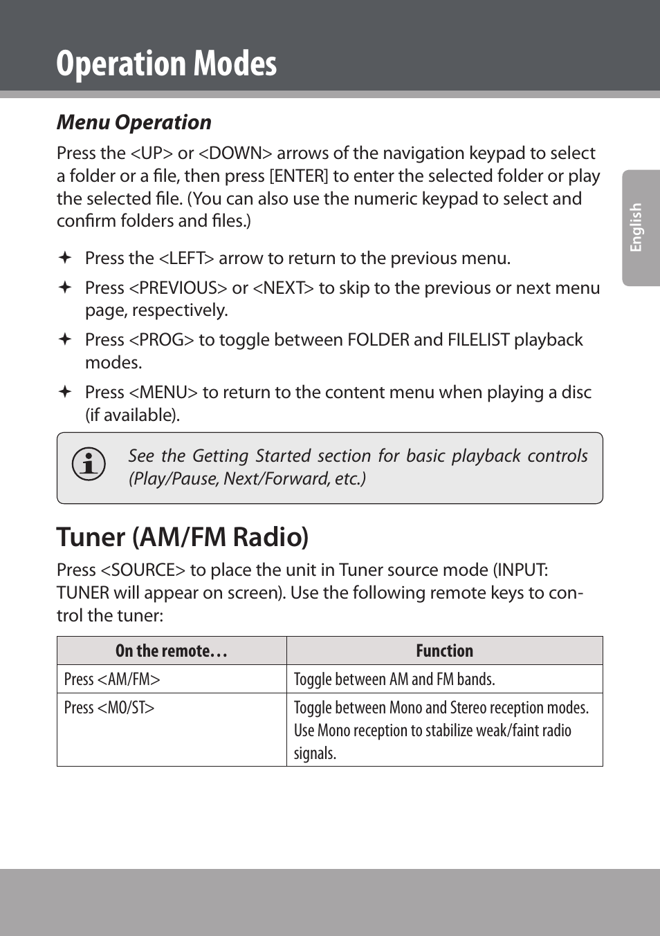 Menu operation, Tuner (am/fm radio), Operation modes | COBY electronic DVD938 User Manual | Page 33 / 180