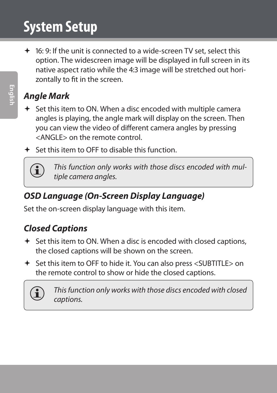 Angle mark, Osd language (on-screen display language), Closed captions | System setup | COBY electronic DVD938 User Manual | Page 36 / 180