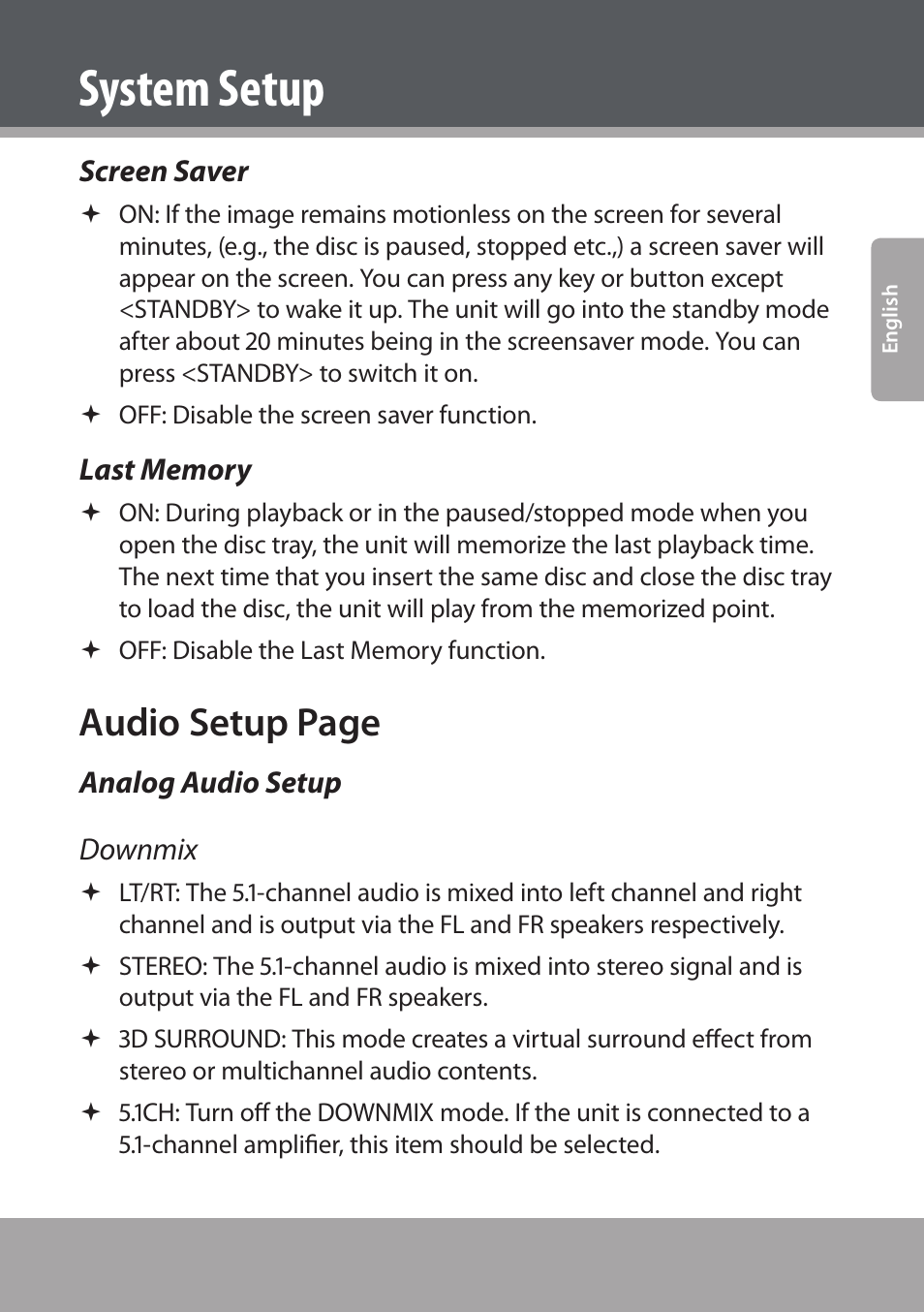 Screen saver, Last memory, Analog audio setup | System setup, Audio setup page, Analog audio setup downmix | COBY electronic DVD938 User Manual | Page 37 / 180
