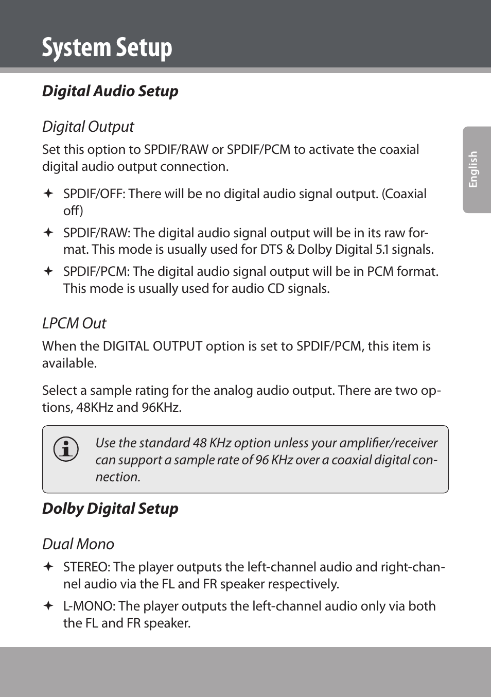 Digital audio setup, Dolby digital setup, System setup | Digital audio setup digital output, Lpcm out, Dolby digital setup dual mono | COBY electronic DVD938 User Manual | Page 39 / 180