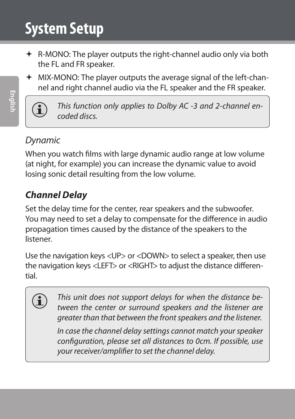 Channel delay, System setup, Dynamic | COBY electronic DVD938 User Manual | Page 40 / 180