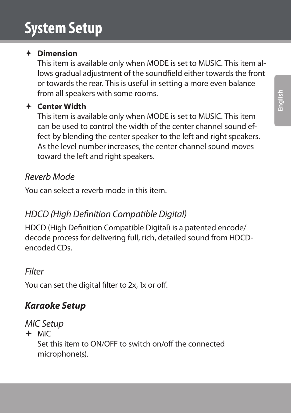 Karaoke setup, System setup, Reverb mode | Hdcd (high definition compatible digital), Filter, Karaoke setup mic setup | COBY electronic DVD938 User Manual | Page 43 / 180