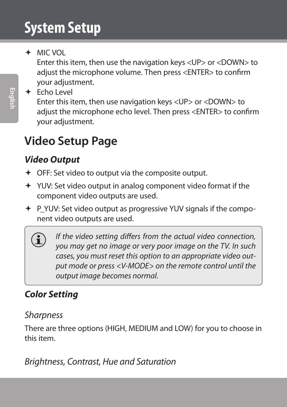 Video output, Color setting, System setup | Video setup page, Color setting sharpness, Brightness, contrast, hue and saturation | COBY electronic DVD938 User Manual | Page 44 / 180