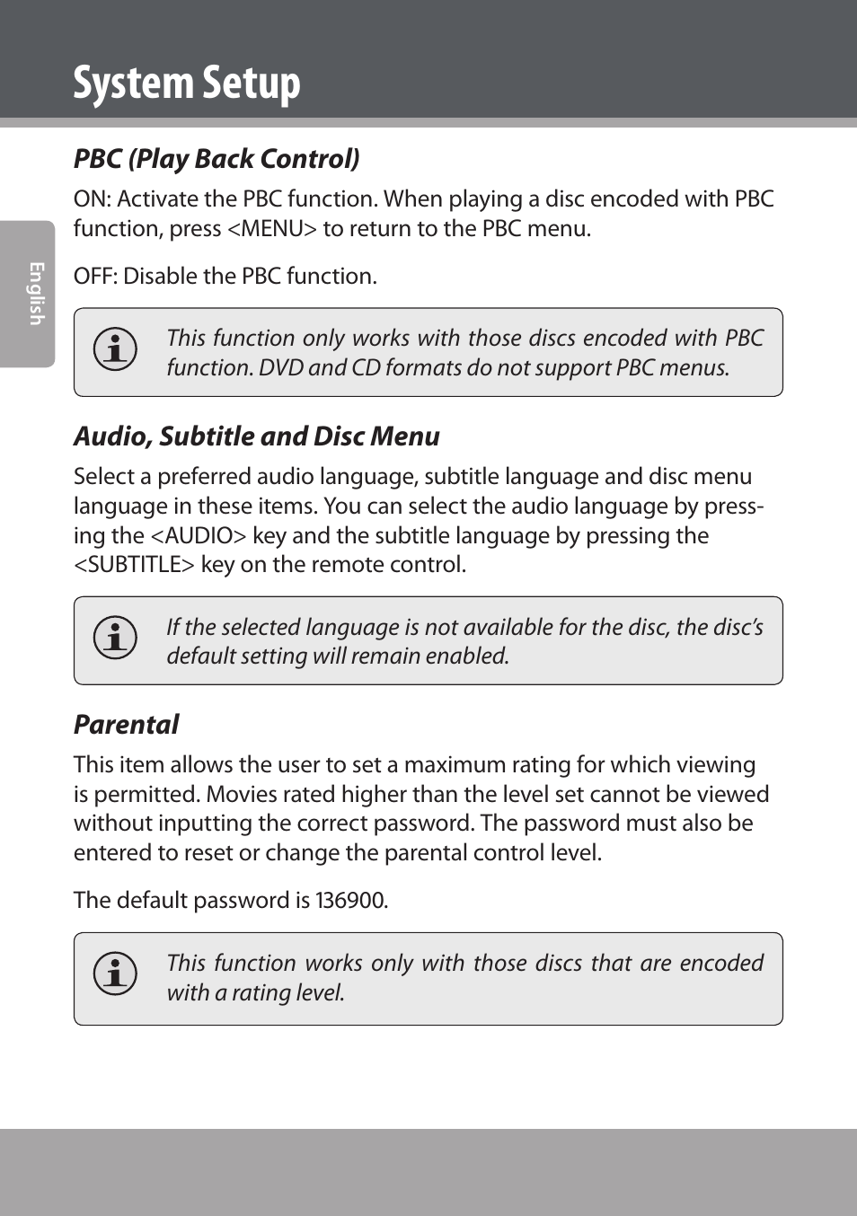 Pbc (play back control), Audio, subtitle and disc menu, Parental | System setup | COBY electronic DVD938 User Manual | Page 46 / 180