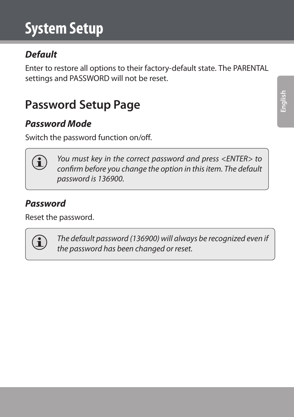 Default, Password mode, Password | System setup, Password setup page | COBY electronic DVD938 User Manual | Page 47 / 180