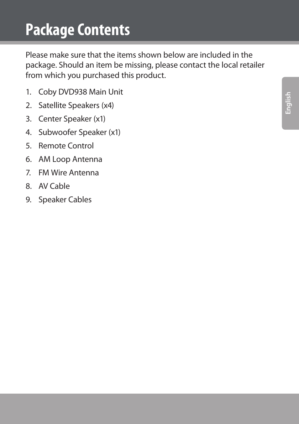 Package contents | COBY electronic DVD938 User Manual | Page 5 / 180