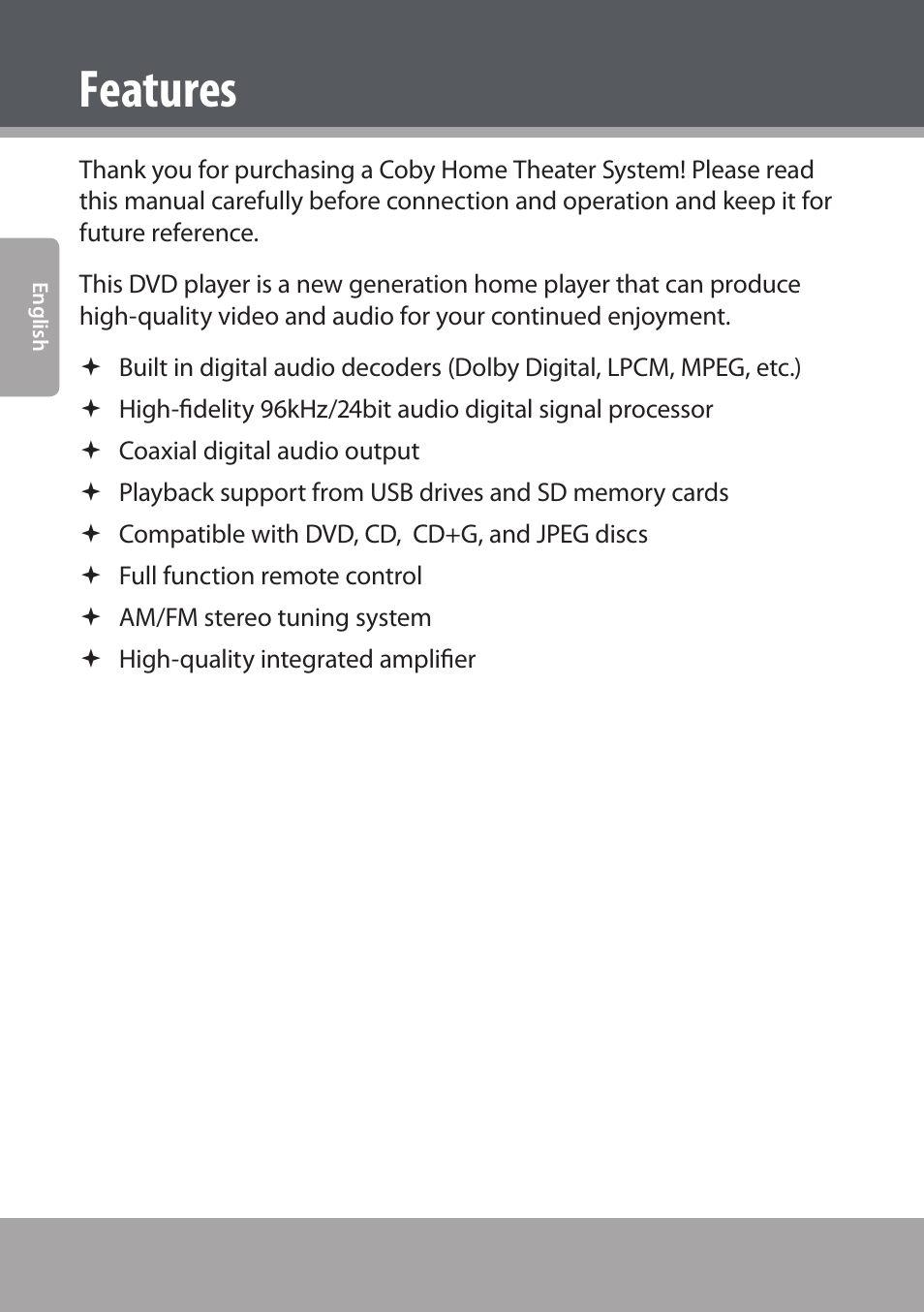 Features | COBY electronic DVD938 User Manual | Page 6 / 180