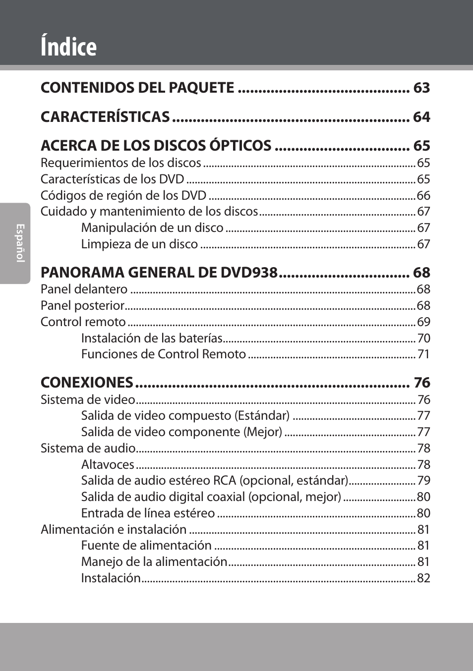 Índice, Panorama general de dvd938, Conexiones | COBY electronic DVD938 User Manual | Page 60 / 180