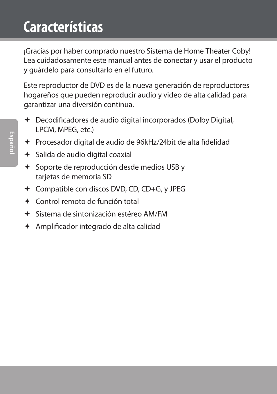 Características | COBY electronic DVD938 User Manual | Page 64 / 180