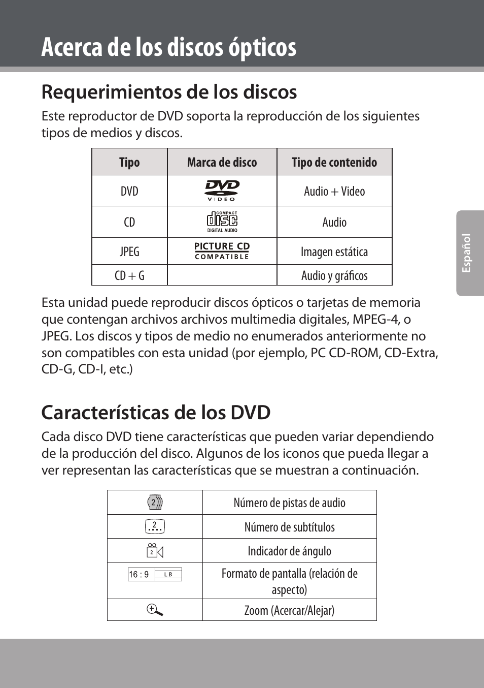 Acerca de los discos ópticos, Requerimientos de los discos, Características de los dvd | COBY electronic DVD938 User Manual | Page 65 / 180