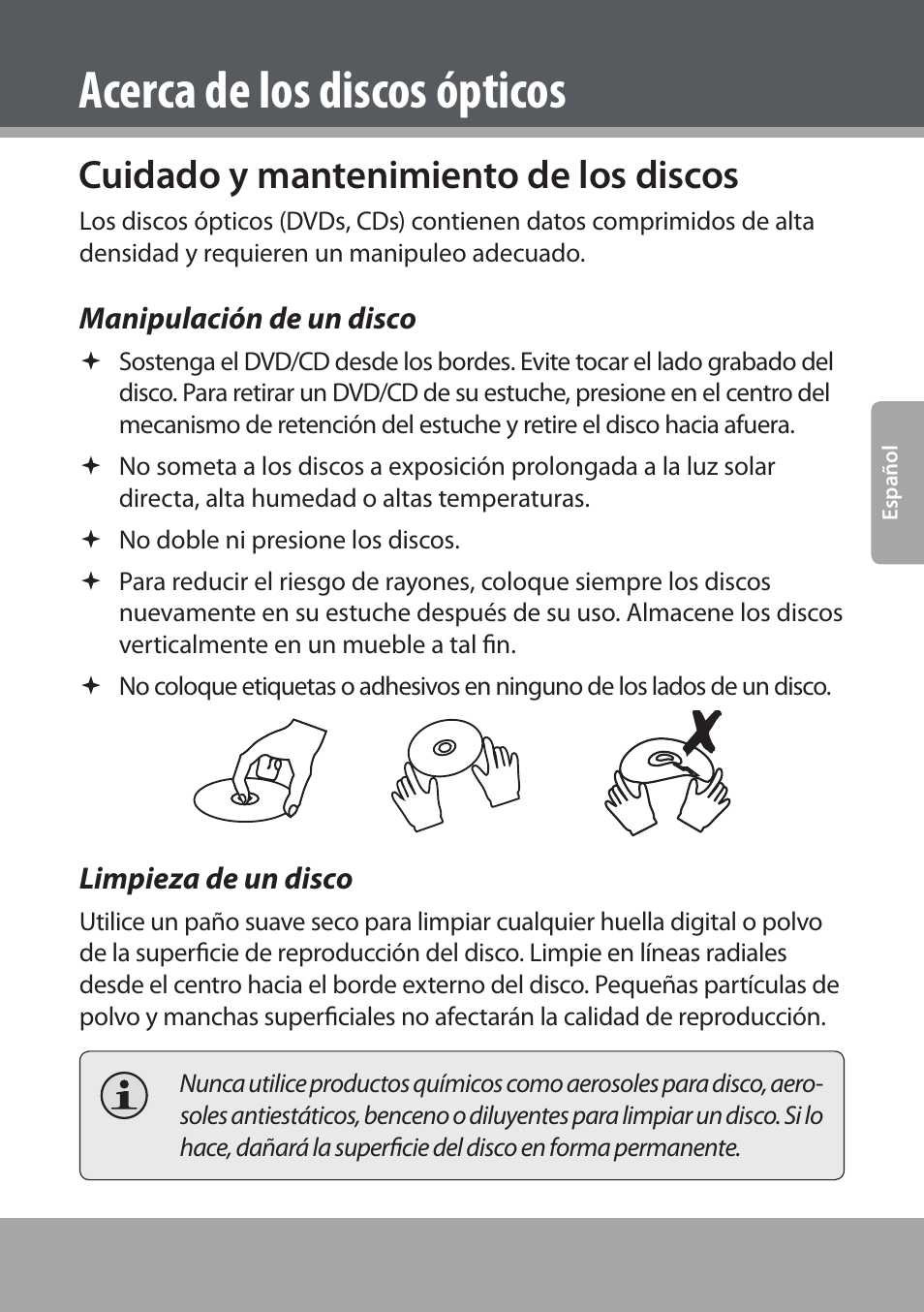 Cuidado y mantenimiento de los discos, Manipulación de un disco, Limpieza de un disco | Acerca de los discos ópticos | COBY electronic DVD938 User Manual | Page 67 / 180