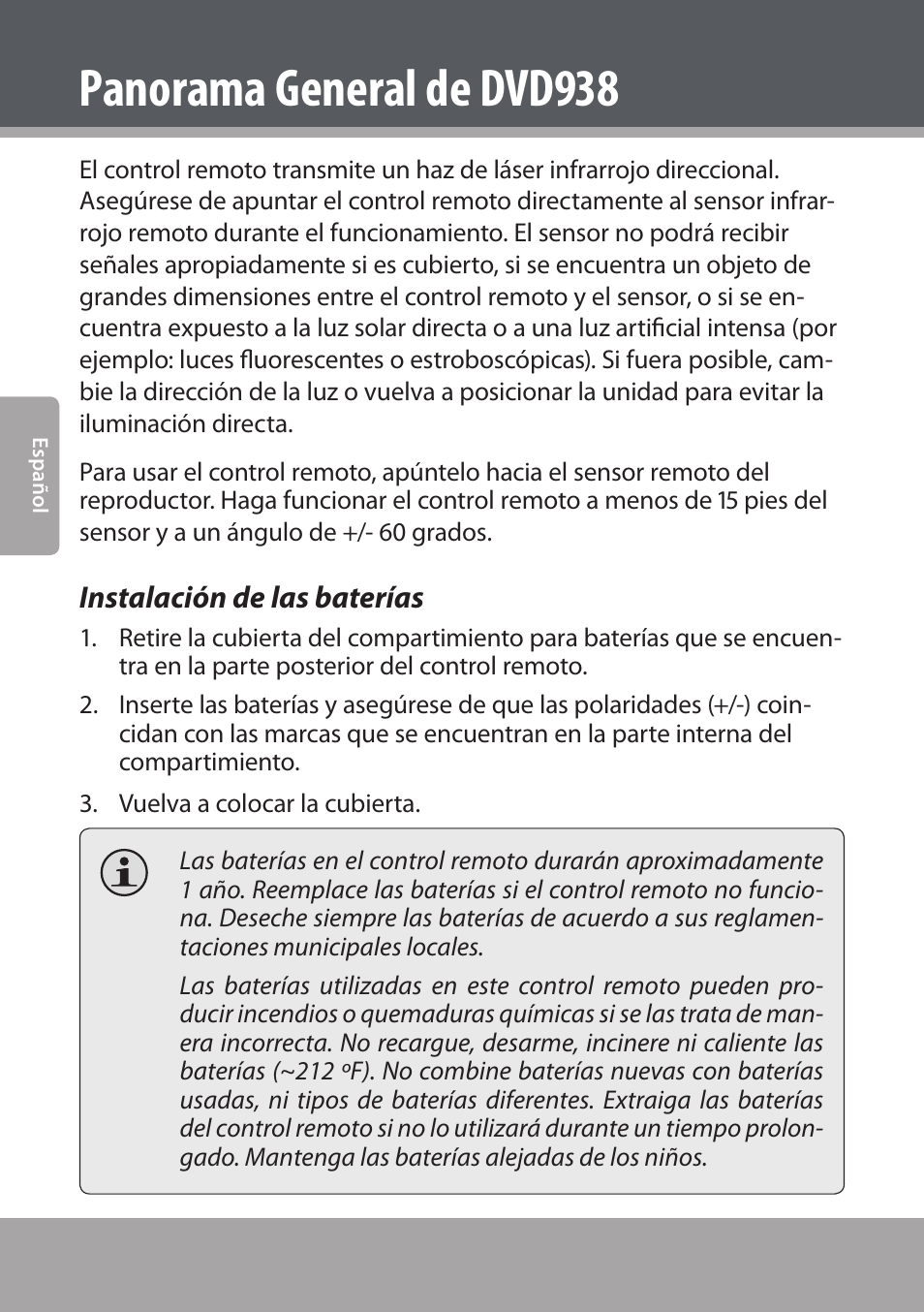 Instalación de las baterías, Panorama general de dvd938 | COBY electronic DVD938 User Manual | Page 70 / 180