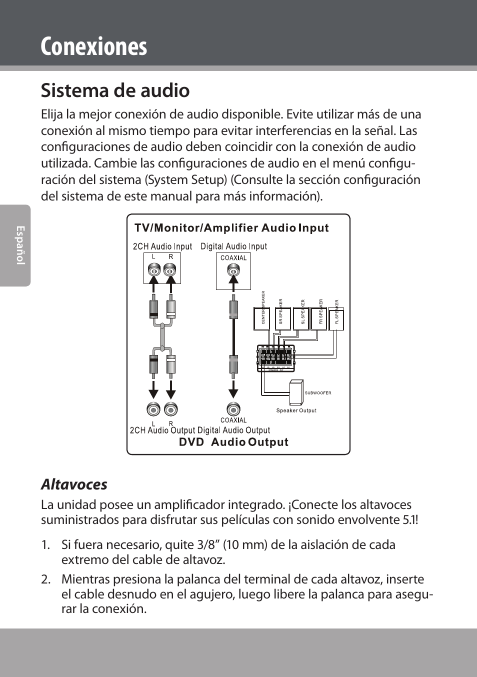 Sistema de audio, Altavoces, Conexiones | COBY electronic DVD938 User Manual | Page 78 / 180