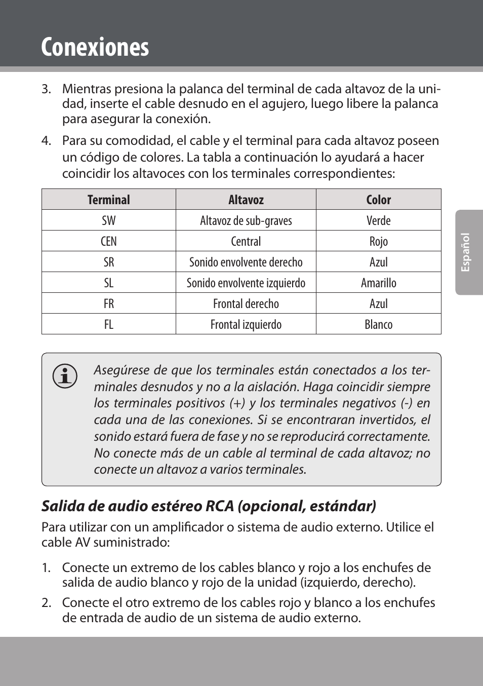 Salida de audio estéreo rca (opcional, estándar), Conexiones | COBY electronic DVD938 User Manual | Page 79 / 180