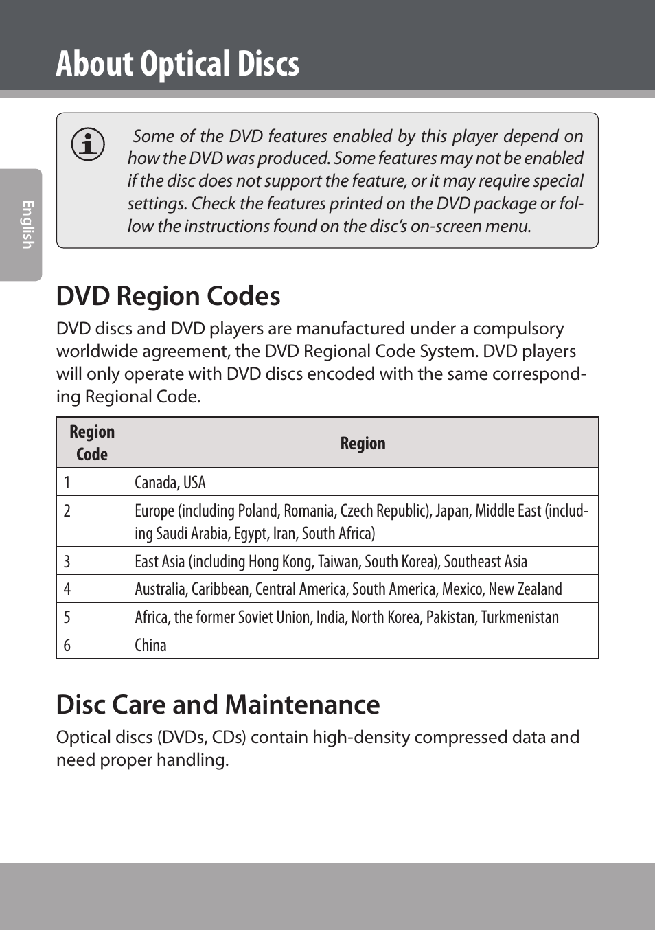 Dvd region codes, Disc care and maintenance, About optical discs | COBY electronic DVD938 User Manual | Page 8 / 180