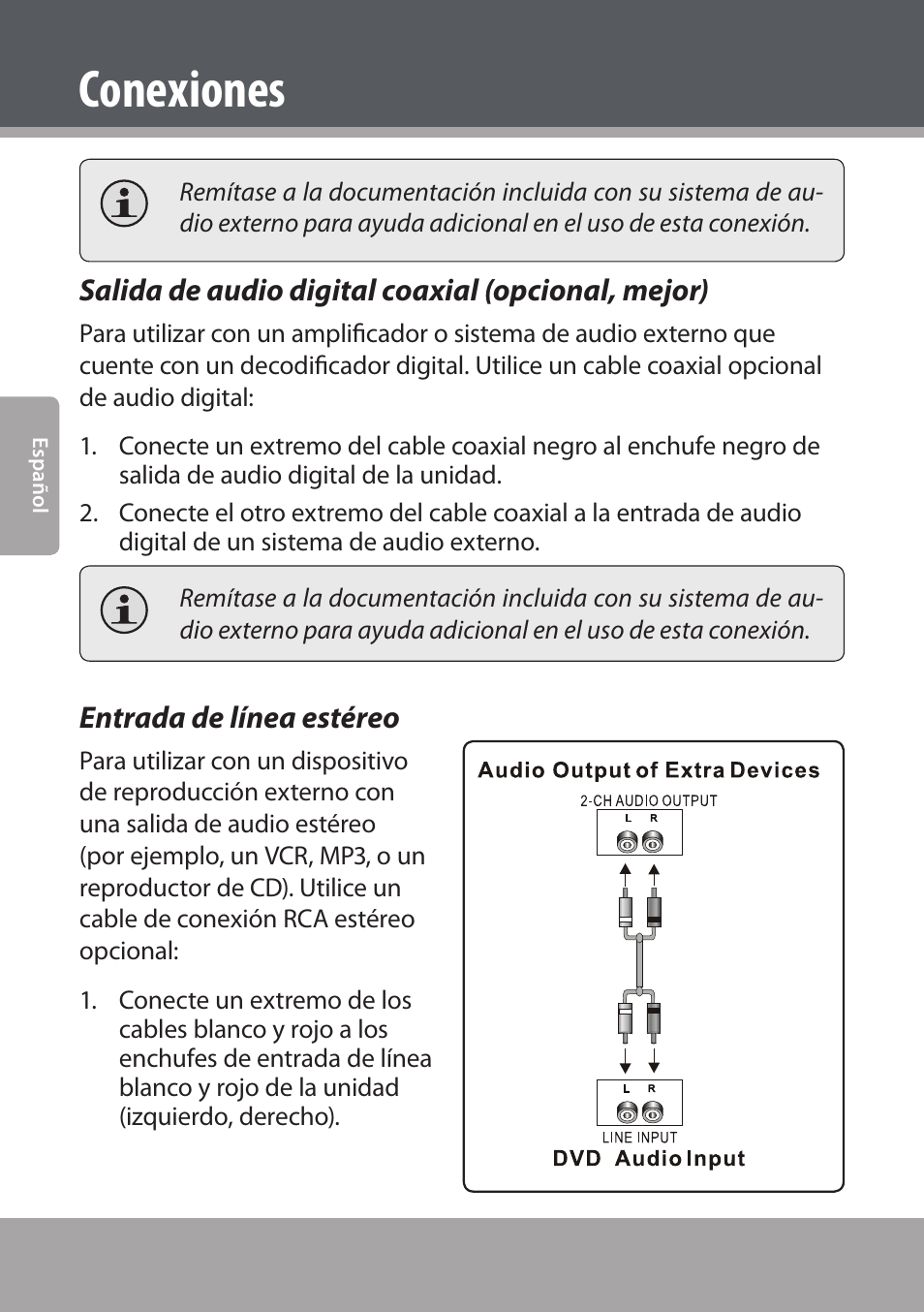 Salida de audio digital coaxial (opcional, mejor), Entrada de línea estéreo, Conexiones | COBY electronic DVD938 User Manual | Page 80 / 180