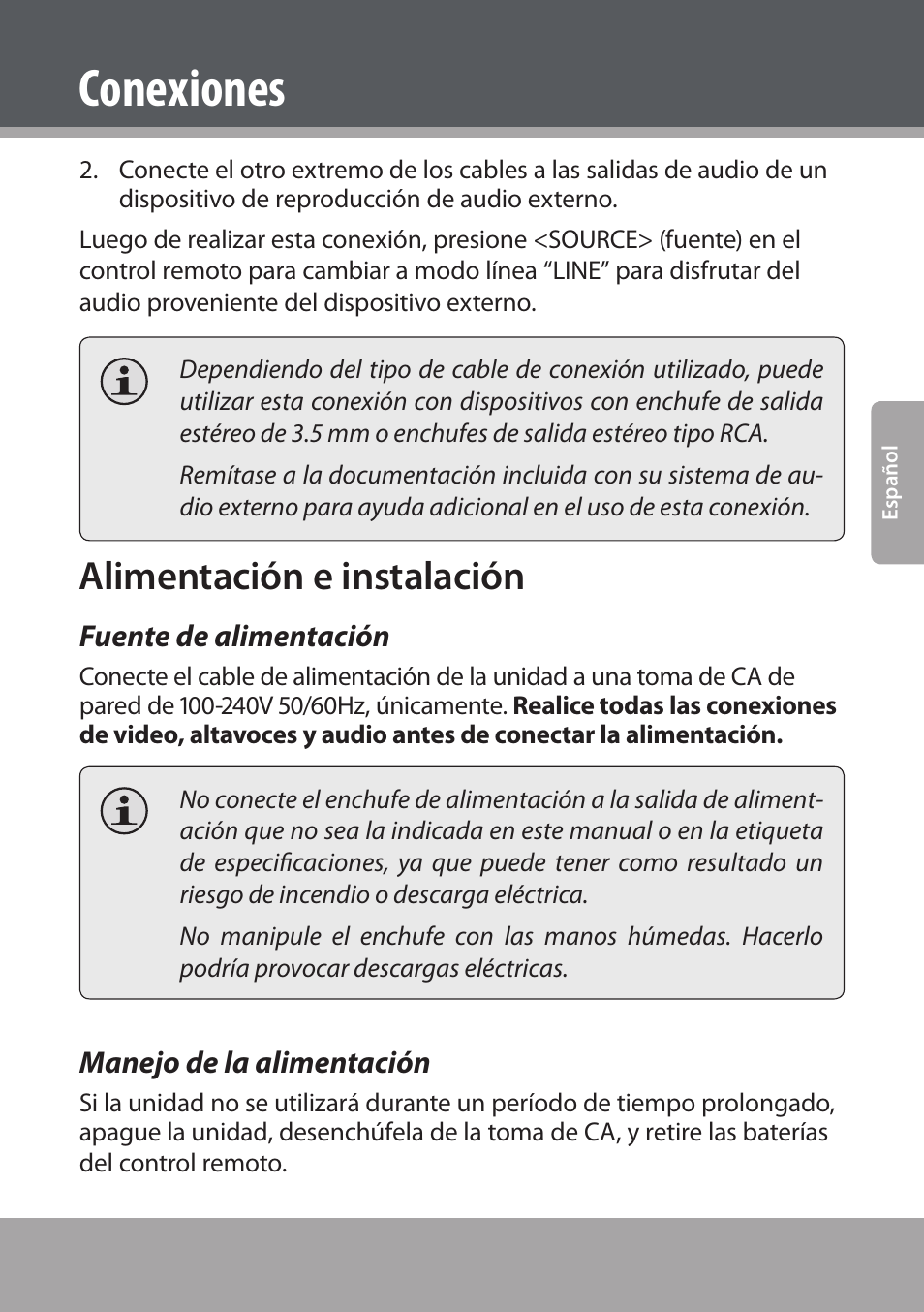 Alimentación e instalación, Fuente de alimentación, Manejo de la alimentación | Conexiones | COBY electronic DVD938 User Manual | Page 81 / 180