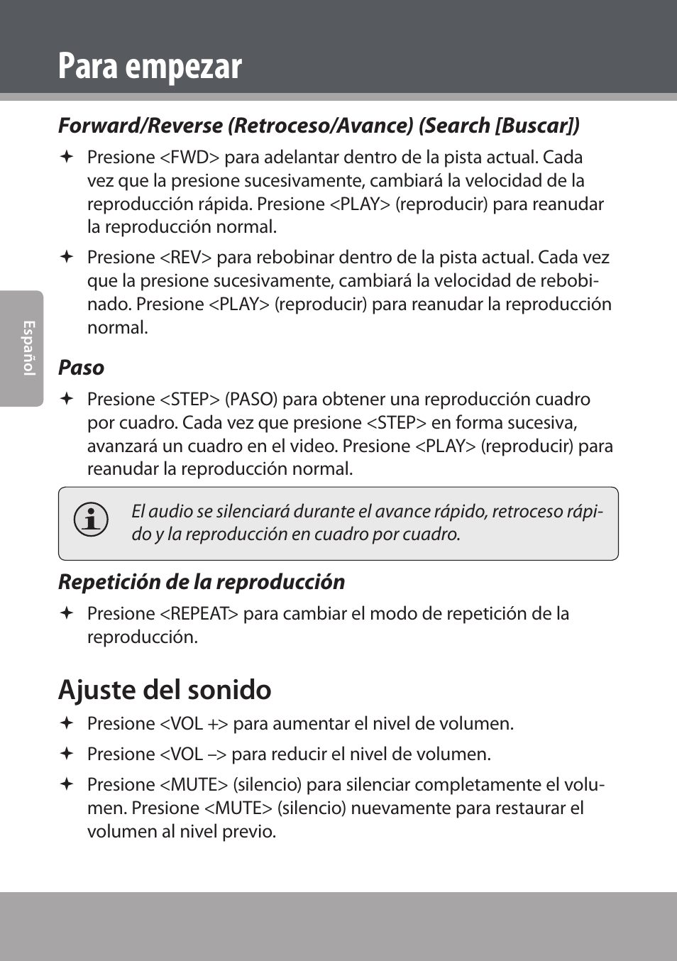 Paso, Repetición de la reproducción, Ajuste del sonido | Para empezar | COBY electronic DVD938 User Manual | Page 86 / 180