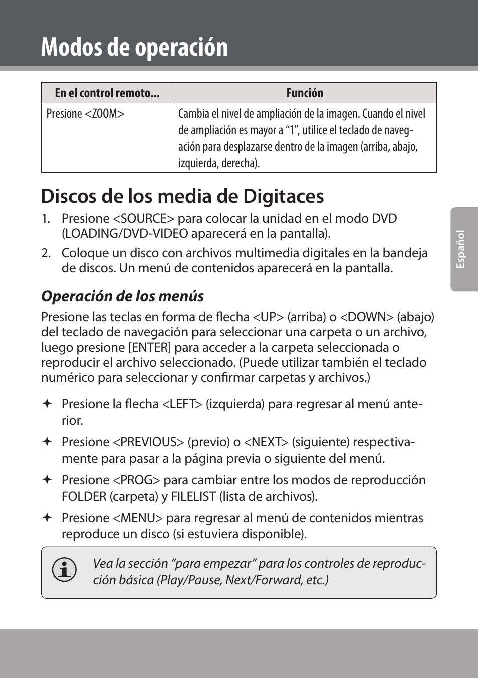 Discos de los media de digitaces, Operación de los menús, Modos de operación | COBY electronic DVD938 User Manual | Page 89 / 180