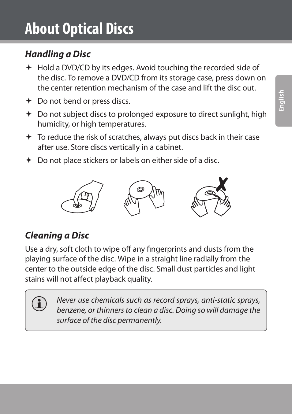 Handling a disc, Cleaning a disc, About optical discs | COBY electronic DVD938 User Manual | Page 9 / 180