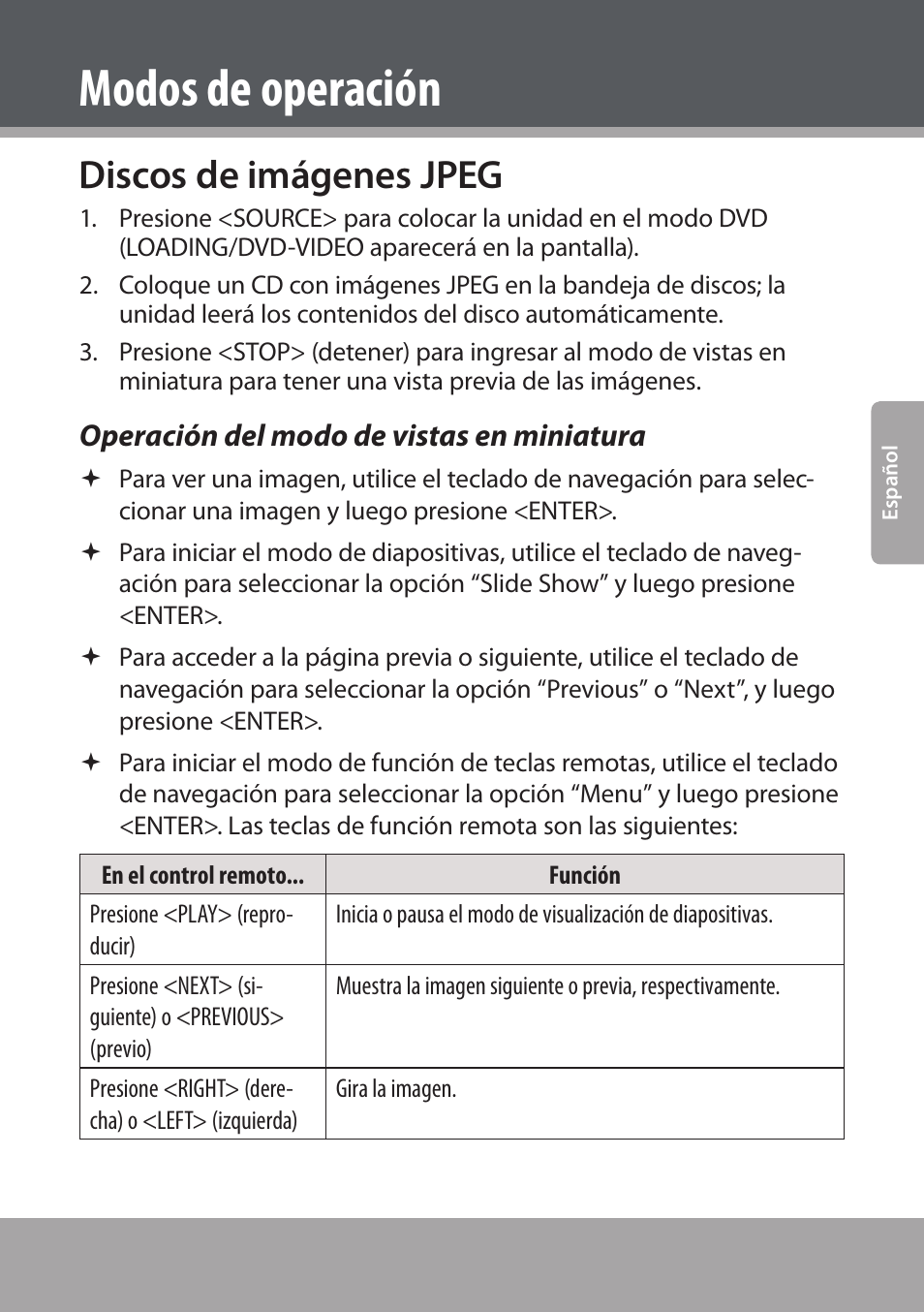 Discos de imágenes jpeg, Operación del modo de vistas en miniatura, Modos de operación | COBY electronic DVD938 User Manual | Page 91 / 180